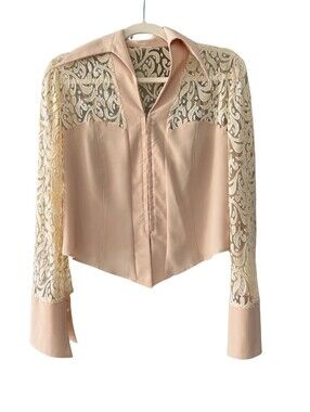 Western Corset Top Paisley Mesh Rhinestone Pointed Collar Blouse